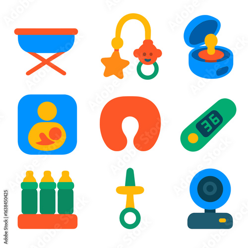 Bold Baby Care Icons. Flat vector icons of baby care: lightweight bassinet, toy strap for stroller, pacifier sterilizing box.