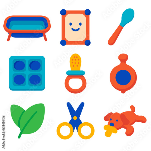 Colorful Baby Care Icons. Flat vector icons of baby care: foldable baby bathtub, baby-safe mirror, temperature-sensing spoon.