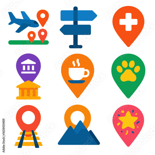 Colorful Location Icons. Flat vector icons of location: airplane landing with destination pin, street sign with location symbol,