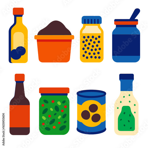 Bold Pantry Icons. Flat vector icons of pantry staples and condiments: truffle oil bottle, plastic container of miso paste,