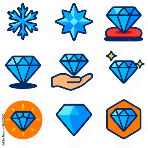 Blue Diamond Icons. Flat vector icons of blue diamond: snowflake style gem with points, flat cut icon in star shape, diamond over
