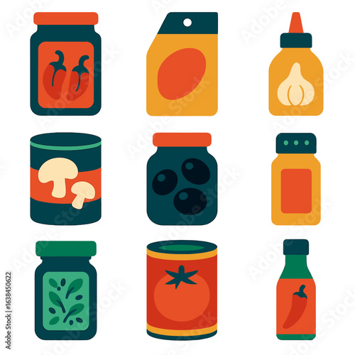 Colorful Pantry Icons. Flat vector icons of pantry staples and condiments: jar of roasted peppers, pouch of miso glaze, squeeze