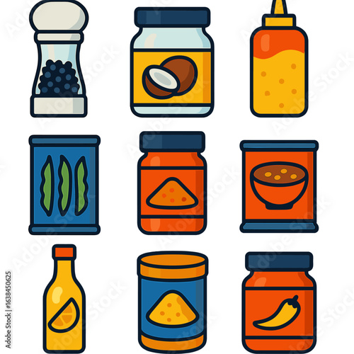 Bold Pantry Icons. Flat vector icons of pantry staples and condiments: clear spice grinder, jar of coconut butter, squeeze bottle