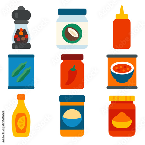 Bold Pantry Icons. Flat vector icons of pantry staples and condiments: clear spice grinder, jar of coconut butter, squeeze bottle