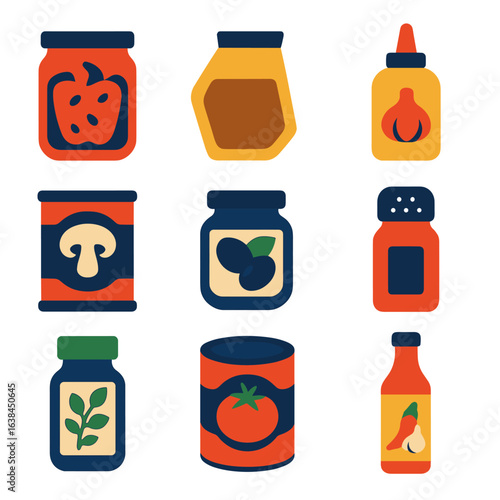 Colorful Pantry Icons. Flat vector icons of pantry staples and condiments: jar of roasted peppers, pouch of miso glaze, squeeze