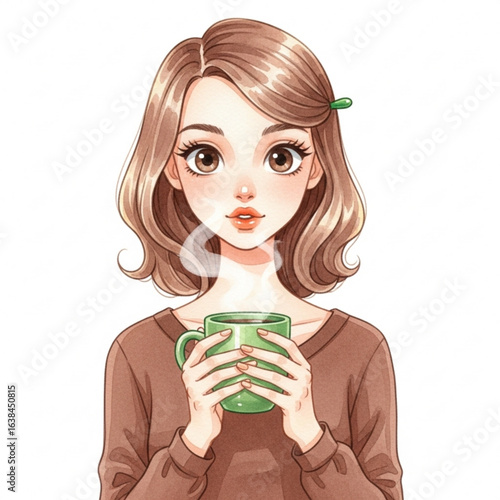 Vector art of cartoon girl holding a cup of coffee or tea isolated on white background