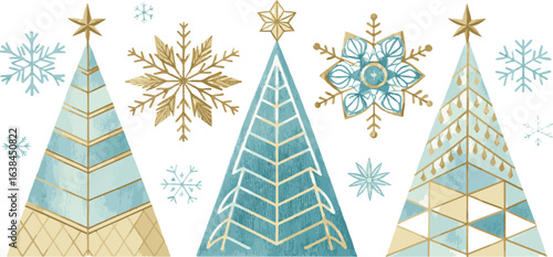 Teal and gold abstract Christmas trees and snowflakes isolated on white background vector