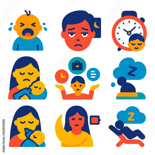 Parenting Fatigue Icons. Flat vector icons of child and parent fatigue: crying baby icon, sleepless night symbol, exhausted parent