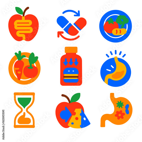 Digestive Health Icons. Flat vector icons of digestive health and food synergy: apple with gut icon, probiotics synergy symbol,