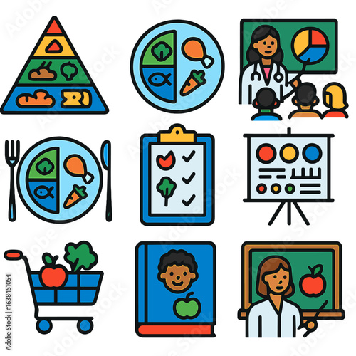 Nutrition Education Icons. Flat vector icons of nutrition education tools: food pyramid icon, balanced meal guide, school