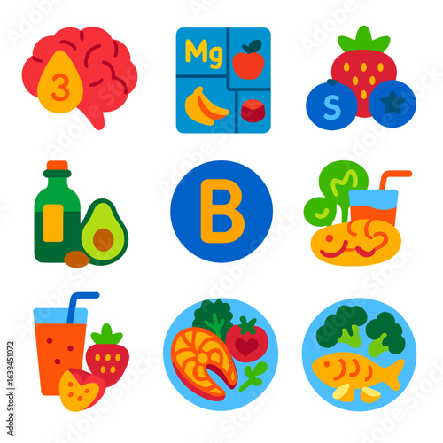 Brain Food Icons. Flat vector icons of mood and brain food: omega-3 brain icon, magnesium-rich food chart, antioxidant berries