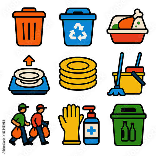 Post-Event Cleanup Icons. Flat vector icons of post-event cleanup tools: trash bin icon, recycling container, leftover food pack,
