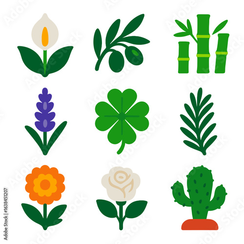 Symbolic Plant Icons. Flat vector icons of symbolic plants and meanings: peace lily for sympathy, olive branch for peace,