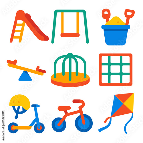 Playground Fun Icons. Flat vector icons of playground and outdoor fun: slide icon, swing set, sandbox bucket and shovel, see-saw
