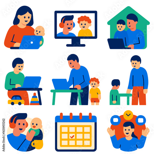 Working Parents Icons. Flat vector icons of working parents at home: mom with laptop and baby, dad in video call with toddler,