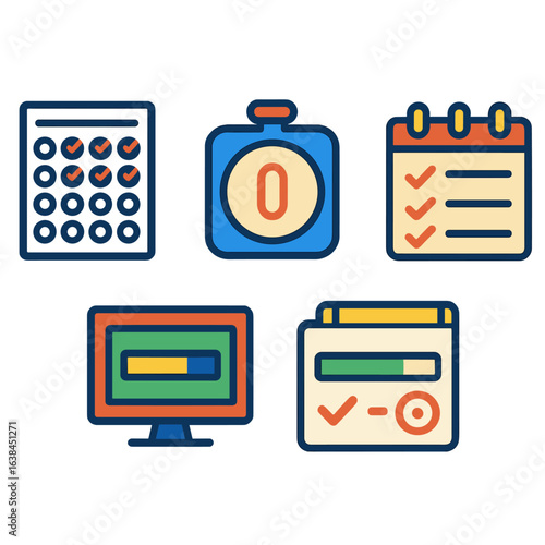 Productivity Tracking Icons. Flat vector icons of productivity tracking: habit tracker sheet, app timer icon, daily checklist