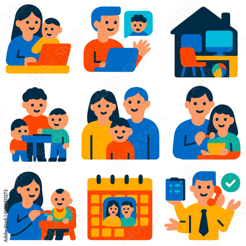 Working Parents Icons. Flat vector icons of working parents at home: mom with laptop and baby, dad in video call with toddler,