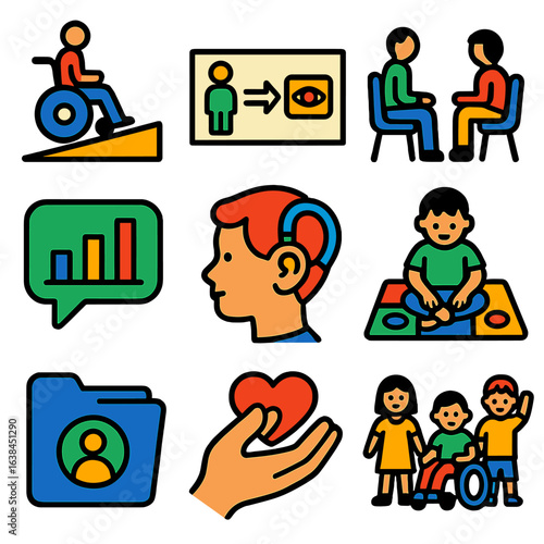 Bright Support Icons. Flat vector icons of special needs support: wheelchair access ramp, visual routine icon, therapy session