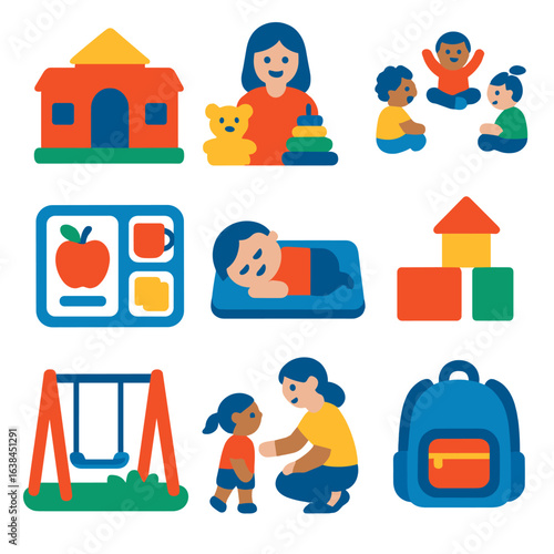Preschool Activity Icons. Flat vector icons of childcare and preschool: daycare icon, caregiver with toys, circle time activity,