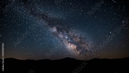 Milky Way galaxy stretching across a starry night sky above silhouetted mountains space stars