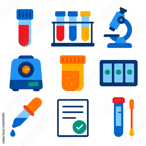 Modern Lab Tool Icons. Flat vector icons of laboratory testing tools: blood sample vial, test tube set, microscope icon,