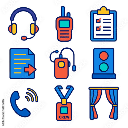 Backstage Event Icons. Flat vector icons of backstage event gear: headset with mic, clip-on walkie-talkie, stage manager clipboard