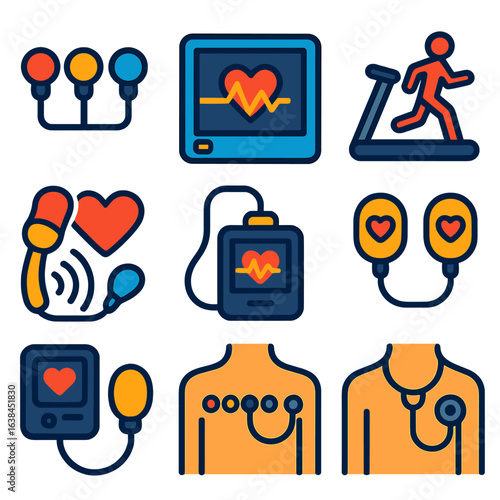Cardiology Examination Icons. Flat vector icons of cardiology examination tools: EKG electrodes icon, heart monitor waveform,