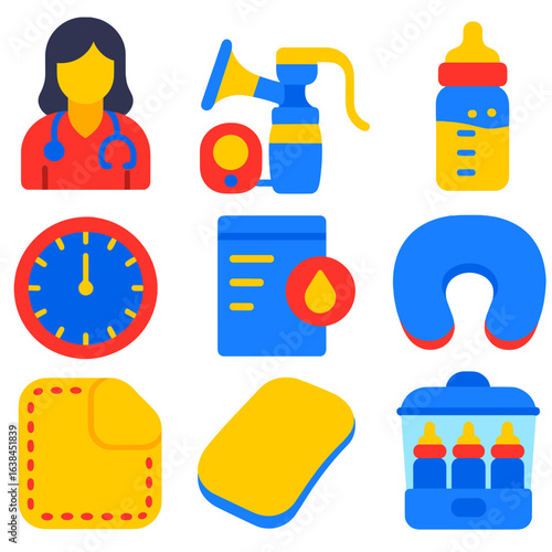 Feeding Tools Icons. Flat vector icons of feeding support and tools: lactation consultant icon, breast pump unit, milk storage bag