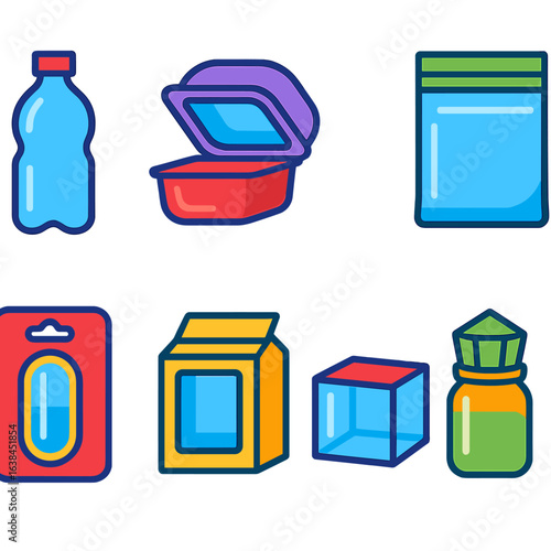 Modern Packaging Icons. Flat vector icons of transparent and clear packaging: PET bottle icon, see-through clamshell, clear top