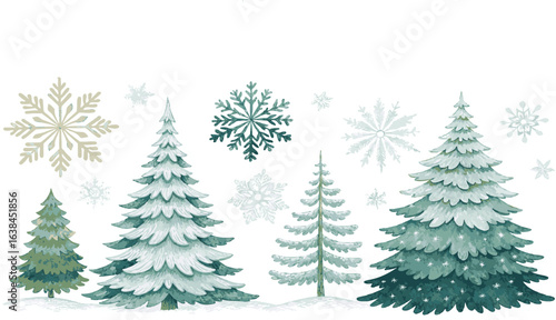 Watercolor winter forest scene with snow covered pine trees and snowflakes vector