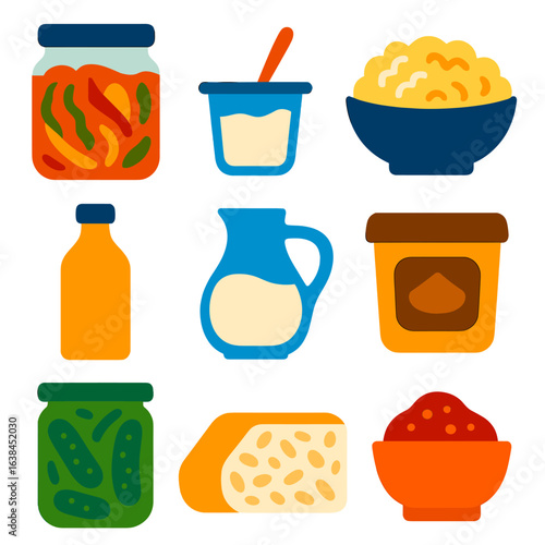 Fermented Food Icons. Flat vector icons of fermented and cultured foods: kimchi jar, yogurt pot, sauerkraut bowl, miso container,