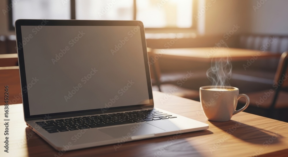 Laptop and Coffee Cup on Wooden Table in Cafe Setting Laptop and Coffee Cup on Wooden Table in Cafe Setting