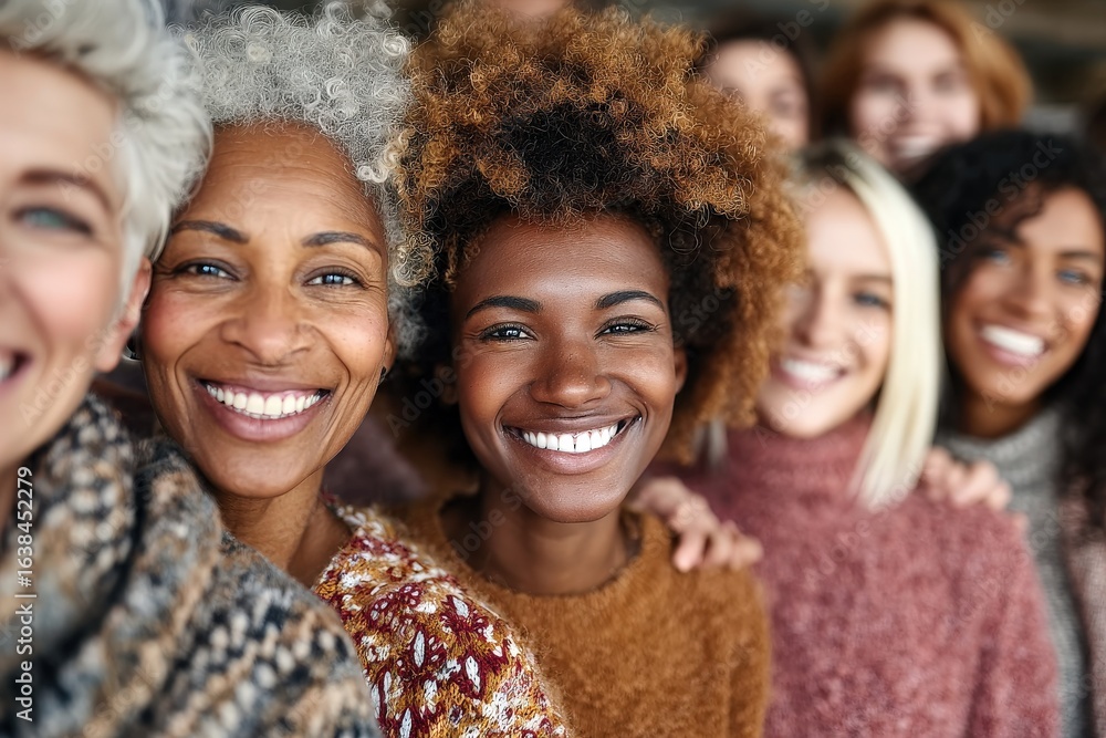 Fototapeta premium Smiling women of diverse backgrounds pose together in cozy sweaters, celebrating friendship in a warm indoor setting
