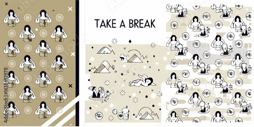 Whimsical illustrations of people taking a break and relaxing