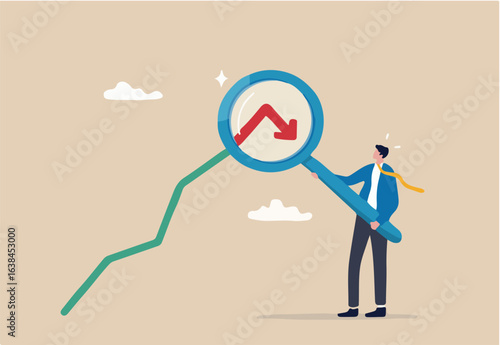 Stock market or Cryptocurrency decline, down turn or economic recession, market plunge signal, inflation or interest rate falling down concept, businessman analyst with magnifier on arrow turn down.