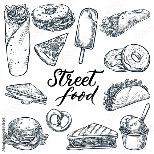 Street food set. Vector sketch illustration of fastfood. Design elements for takeaway, cafe bistro menu, festival poster