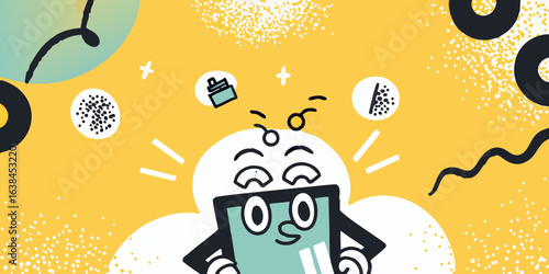 Happy tablet character with abstract shapes and dots