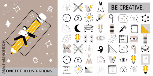 Creative person riding a giant pencil with many design elements