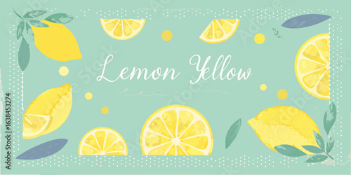 Bright yellow lemons and slices on a mint green background