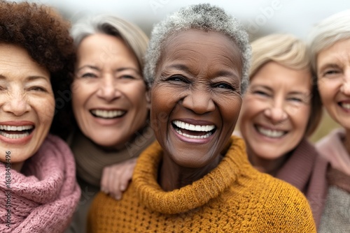 Laughter and joy among a group of older women enjoying a sunny day outdoors in a park setting