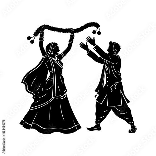Minimal Hindu Wedding Playful Jaimala Teasing Moment Vector Illustration