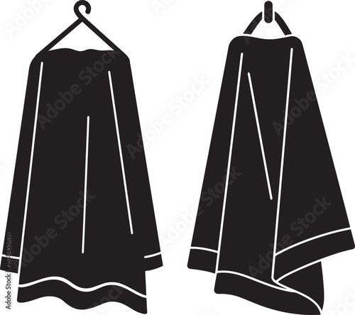 Two black silhouettes of draped garments hanging on hangers silhouette