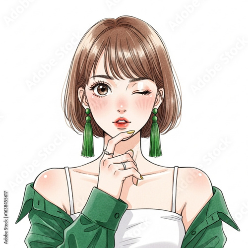Vector art of beautiful girl winking with green earrings and jacket isolated on white background