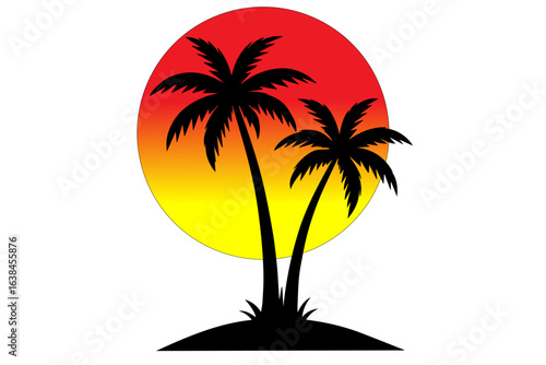 Palm Tree Silhouette with Sunset Circle – Retro Tropical Beach sunset on a Beach with palm trees silhouette