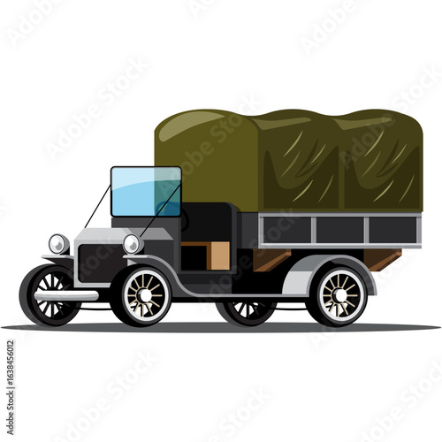 Vector illustration of a vintage black cargo truck with a canvas cover