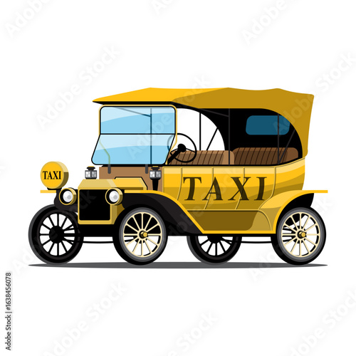 Illustration of a vintage yellow taxi cab. Classic retro automobile isolated.