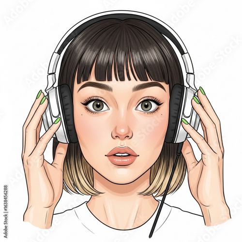 Vector art of a beautiful girl listening to music with headphones isolated on white background