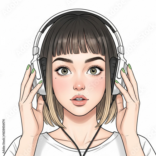 Vector art of a beautiful girl listening to music with headphones isolated on white background