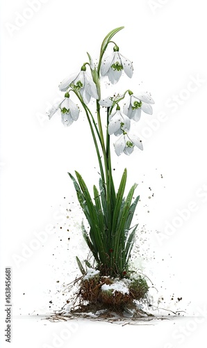 Wallpaper Mural Spring snowdrop plant, isolated on white.  Delicate white flowers, green leaves, and a small cluster of dirt and snow Torontodigital.ca