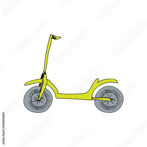A whimsical hand-drawn illustration of a vibrant yellow kick scooter